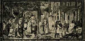 Grape Harvest and Drunkenness of Noah, fresco, Camposanto Monumentale, Pisa, Tuscany, Italy, woodcut from Le cento citta d