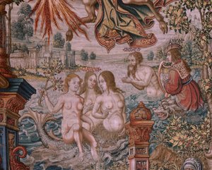 Flemish tapestry. Series The Honours. Fame. Third tapestry in the series. Model Cartoonists from the circle of Bernard van Orley and Jan Gossaert (Mabuse). Manufacture Pieter van Aelst, Brussels. Ca 1550. Fabric Gold, silver, silk and wool.