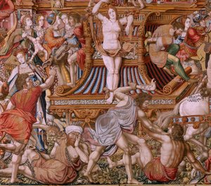 Flemish tapestry. Series The Honours. Infamy. Sixth tapestry in the series. Model Cartoonists from the circle of Bernard van Orley and Jan Gossaert (Mabuse). Manufacture Pieter van Aelst, Brussels. Ca 1550. Fabric Gold, silver, silk and wool. by Bernaert van (circle of) Orley