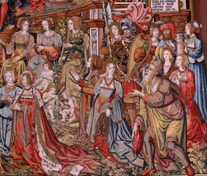 Flemish tapestry. Series The Honours. Justice. Ninth tapestry in the series. Model Cartoonists from the circle of Bernard van Orley and Jan Gossaert (Mabuse). Manufacture Pieter van Aelst, Brussels. Ca 1550. Fabric Gold, silver, silk and wool.