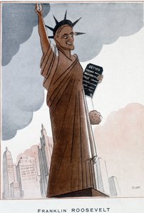 Cartoon by Franklin Roosevelt in Statue of Liberty - Illustration by Bernard Becan (Bernhard Kahn) (1890-1943) In “Fantasio” from 01/12/1932