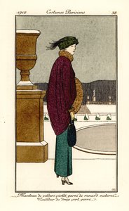 Woman in violet velvet cape trimmed with fox fur, suit of bottle-green wool by Bernard Boutet de Monvel