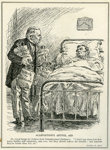Dr Lloyd George Proposes to Cure the Sufferer from the Unemployment Epidemic with Four Hot Water Bottles, 