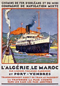 Advert Poster for French Railway to Algeria and Morocco from France via Limoges Toulouse Narbonne and Port Vendres c. 1900