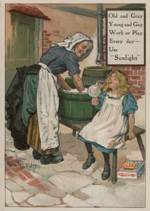Young Girl Blowing Bubbles While Her Grandmother Does the Washing: Advertisement for Sunlight Soap by Bernard Partridge