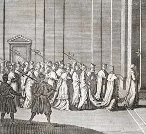 Different Stages of the Conclave, Meeting of Cardinals for the Election of a New Pope: The Entrance of the Cardinals in the Sistine Chapel (Vatican: Entrance of the Cardinals) Engraving from 