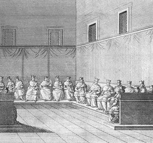 Different stages of the conclave, meeting of cardinals for the election of a new pope: first congregation of the cardinals (Election of the new pope during the conclave in the Sistine Chapel, Vatican: first congregation of the cardinals) Engraving by Bernard Picart