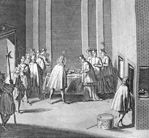 Different stages of the conclave, meeting of cardinals for the election of a new pope: election of the new pope during the conclave in the Sistine chapel, Vatican: food is checked during the conclave) Engraving from Illustration of religious ceremonies by Bernard Picart