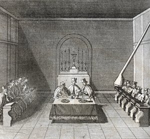 Different stages of the conclave, meeting of cardinals for the election of a new pope: the election of the new pope during the conclave in the Sistine chapel, Vatican: ballots of the cardinals for the election of the pope) Engraving from Illustration