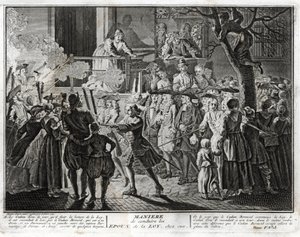 Judaism: the way of leading the spouses of the Law home - a representation of the procession by which the community honoured, at the feast of Simhat Torah, those who had been chosen, one to bless the reading of the last passage of the Torah and the other t by Bernard Picart