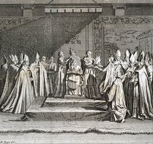 Solemn Inauguration of the Pontificate Representation of the coronation of the pope) Engraving from Illustration of ceremonies and religious customs of all peoples of the world by Bernard Picart by Bernard Picart