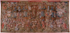 Flemish Tapestry. Series The Honours. Fame (La Fama). Third Tapestry in the Series. Model Cartoonists from the Circle of Bernard van Orley and Jan Gossaert (Mabuse). Manufacture Pieter van Aelst, Brussels. Ca 1550. by Bernard van Orley