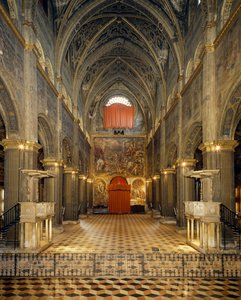 View of nave and counterfacade with frescoes depicting Crucifixion and Deposition by Bernardino Gatti