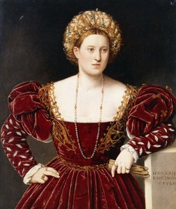 Portrait of a Lady, Three-Quarter-Length, in a Burgundy Dress with Slashed Sleeves, Holding Gloves