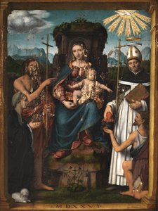 Virgin and Child Enthroned with Saint John the Baptist, Saint Antoninus, a Female Donor and a Beggar