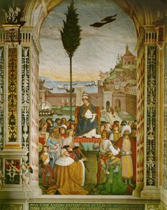 Aeneas Silvius Piccolomini, Pope Pius II in the port of Ancona, Italy, where he died, while waiting for the crusaders to assemble by Bernardino di Betto Pinturicchio