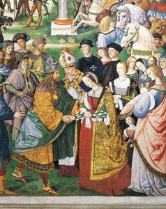 Enea Silvio Piccolomini attending coronation of Frederick III and Eleanor of Aragon, detail from Stories of Pius II, Piccolomini Library, Siena Cathedral, Italy