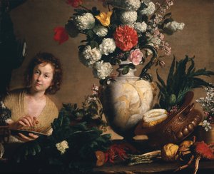 A Still Life of Flowers, Fruit, Vegetables and Seafood on a Ledge with a Figure Holding a Plate of Cherries