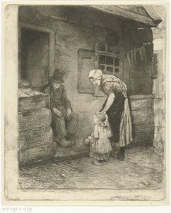 Woman with Small Child Standing by Seated Old Man in Front of Workers