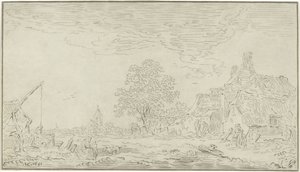 View of a Village with a Well on the Left by Bernhard Schreuder