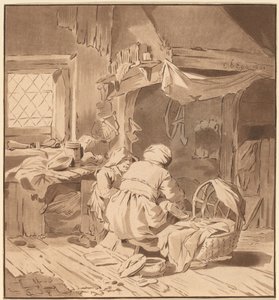 Interior of a Peasant House with Two Women by Bernhard Schreuder