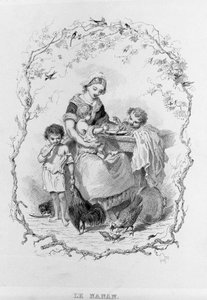 The Nanny: A Young Mother Feeds Her Three Children in "La Physiologie du Goût" by Brillat-Savarin Illustrated by Bertal. Paris 1840. Jean Anthelme Brillat-Savarin (1755-1826) French Gastronome