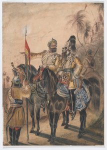 Two mounted officers and a dismounted sowar, 4th Bengal Irregular Cavalry, c.1850 by Bethune Donald Grant