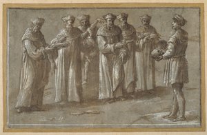 Six professors of anatomy, discussing a skull and flayed limbs