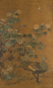 Peacock and Hollyhocks by Bian Lu