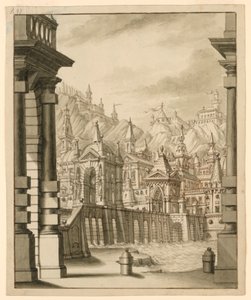 Stage Design, Town on Hill with Turreted Buildings by Bibiena Family, 1657
