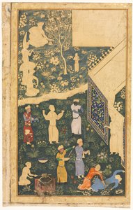 Musicians and Servants Outside a Royal Encampment by Bihzad