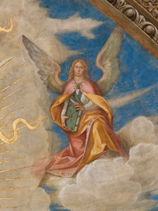 Apse, Pantocrator among Saints Marcellino, Imerio, Omobono, Peter Exorcist (detail of Angel right) by Boccaccio Boccaccino