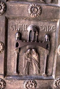 Panel depicting the Visitation on the Porta di S. Ranieri by Bonannus of Pisa