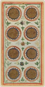The Eight of Coins, facsimile of a tarot card from the 