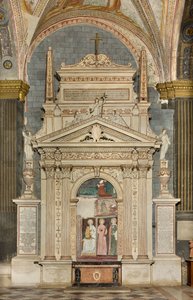 North Transept, Altar of St. Michael the Archangel, Behind the Altarpiece the Frescoes of Boniface Bembo, Virgin and Child Saint Aquilina and Saint Catherine of Alexandria, Above symbol of Humility