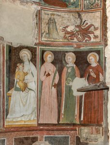 North Transept, Altar of St. Michael the Archangel, Behind the Altarpiece the Frescoes of Boniface Bembo, Virgin and Child Saint Aquilina and Saint Catherine of Alexandria, Above symbol of Umilitas