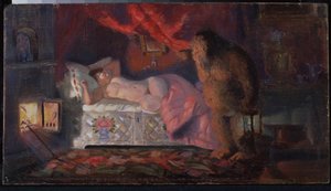 Domovoi Peeping At The Sleeping Merchant Wife by Boris Mikhailovich Kustodiev