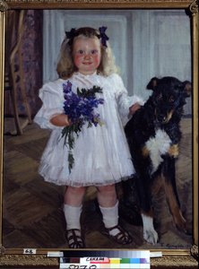 Portrait Of The Daughter Irina With The Dog Shumka by Boris Mikhailovich Kustodiev