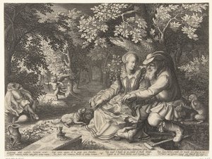 Death and Cupid Shoot Arrows at Each Other and Old Man Courts Young Woman by Boëtius Adamsz. Bolswert