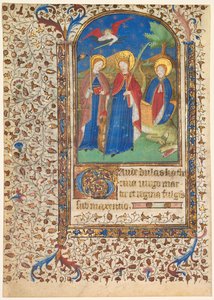 Leaf from a Book of Hours: Sts. Geneviève, Catherine of Alexandria, and Margaret (recto) by Boucicaut Master