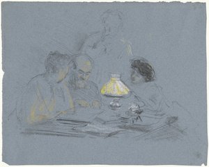A. Grandmont and Three Figures, Reading by Lamplight