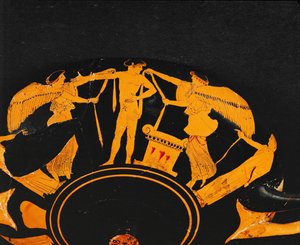 Nike, Goddess of Victory, Putting Ribbons on a Young Athlete Next to an Altar by Briseis Painter