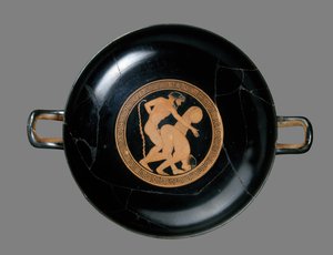 Red-figure kylix depicting a man and woman making love
