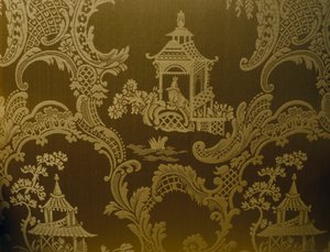 Chinese motifs, detail from upholstery on George II style armchair, carved wood, padded arms and upholstered back and seat, ca 1750, United Kingdom by British School