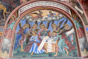 Bulgaria, Rila Monastery, Angel Fresco at Church of Nativity of Virgin