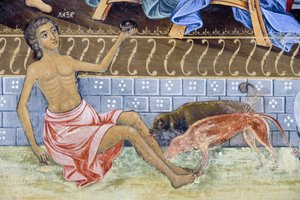 Close up of fresco detail in Church of Nativity of Virgin, Rila Monastery, Bulgaria
