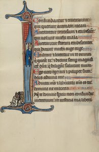 Initial I: David atop a Tower Pointing to Three Demons Below