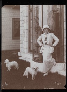 Billie Burke and two dogs at Burkeleigh Crest, her house in Hastingson, New York, 1912