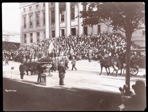 View of the crowd on the steps of Brooklyn Borough Hall during the Brooklyn Police Parade by Byron Company