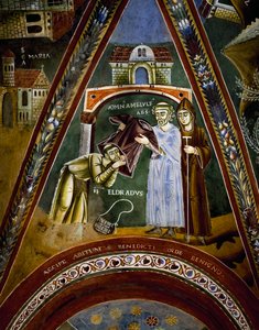 St Nicola, stories of life of St Eldrad and St Nicholas, St Eldrado turned towards St James of Compostela: receiving a monastic habit from Abbot of Novalesa (detail)